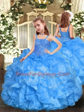 Baby Blue Ball Gowns Beading and Ruffles Little Girls Pageant Gowns Zipper Organza Sleeveless Floor Length