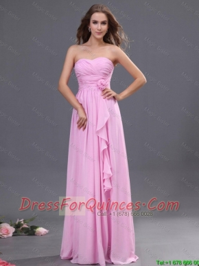 Modest Ruching and Hand Made Flower Prom Dress in Rose Pink
