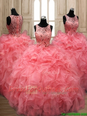 Perfect Scoop Beaded and Ruffled Quinceanera Dress in Watermelon Red