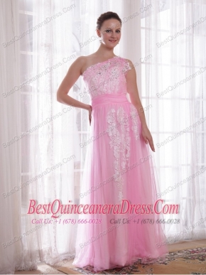Pink Column / Sheath One Shoulder Floor-length Tulle and Taffeta Embroidery and Rhinestones Prom / Evening Dress