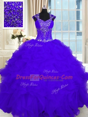 Trendy Purple Ball Gowns Straps Cap Sleeves Organza Floor Length Lace Up Beading and Ruffles Sweet 16 Quinceanera Dress