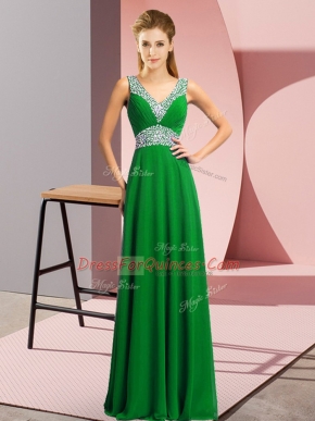 Customized Green Sleeveless Floor Length Beading Lace Up Homecoming Dress