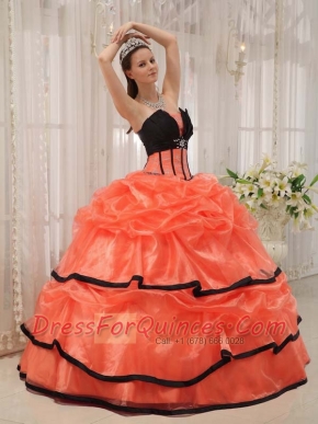 Orange and Black Ball Gown Strapless  Quinceanera Dress with Satin and Organza Beading