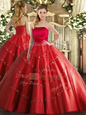 Vintage Red Ball Gowns Appliques Quinceanera Dresses Lace Up Tulle Sleeveless Floor Length