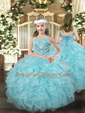 Light Blue Lace Up Pageant Dress Toddler Beading and Ruffles Sleeveless Floor Length