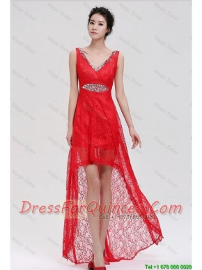 Pretty V Neck Laced and Beaded Red Prom Dresses with High Low