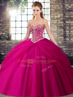 Great Fuchsia Sleeveless Beading and Pick Ups Lace Up Quinceanera Dresses