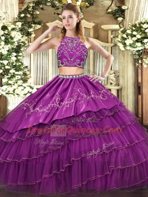 Hot Sale Floor Length Purple Quinceanera Dresses High-neck Sleeveless Zipper