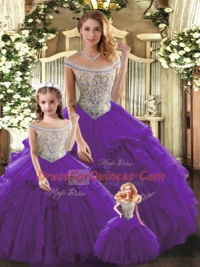 Purple Tulle Lace Up Bateau Sleeveless Floor Length Quince Ball Gowns Beading and Ruffles
