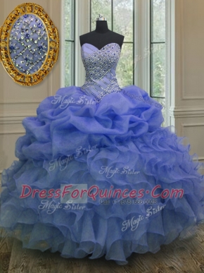 Glittering Floor Length Blue Ball Gown Prom Dress Organza Sleeveless Beading and Ruffles and Pick Ups