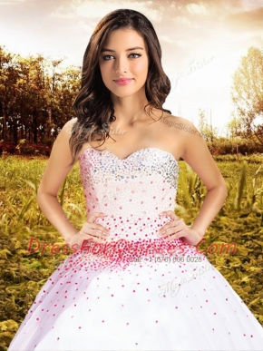 Flare White Ball Gowns Tulle Sweetheart Sleeveless Beading Floor Length Lace Up 15th Birthday Dress