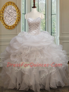 Pretty White Lace Up Sweetheart Beading and Ruffles and Pick Ups Quinceanera Dress Organza Sleeveless