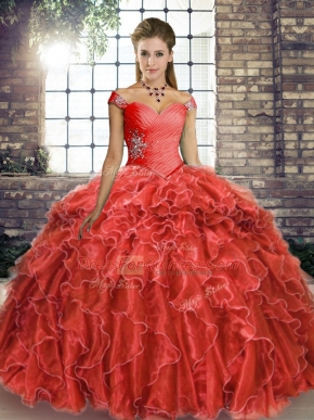 Customized Off The Shoulder Sleeveless Organza Quinceanera Gown Beading and Ruffles Brush Train Lace Up