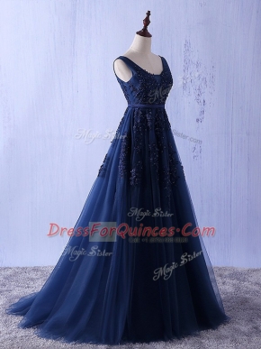 Edgy Straps Sleeveless Prom Evening Gown Floor Length Appliques Navy Blue Tulle