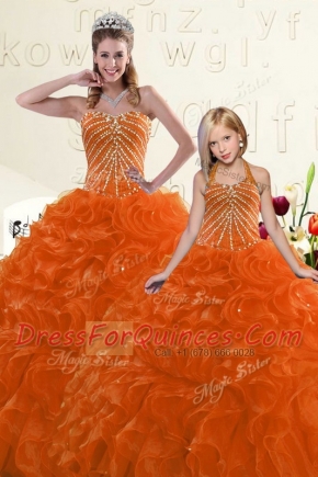 Sleeveless Floor Length Beading and Ruffles Lace Up Quinceanera Gowns with Orange
