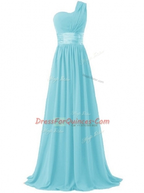 Vintage Aqua Blue Empire Chiffon One Shoulder Sleeveless Ruching Floor Length Lace Up Dama Dress