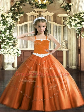Most Popular Rust Red Ball Gowns Tulle Straps Sleeveless Appliques Floor Length Lace Up Girls Pageant Dresses