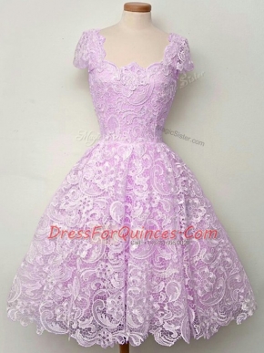 Amazing Lilac Lace Up Straps Lace Dama Dress for Quinceanera Lace Sleeveless