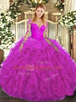 Ball Gowns Sweet 16 Quinceanera Dress Fuchsia Scoop Tulle Long Sleeves Floor Length Lace Up
