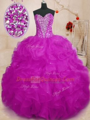 Nice Fuchsia Sleeveless Beading and Ruffles Floor Length Vestidos de Quinceanera