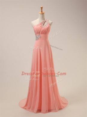 Excellent Watermelon Red Quinceanera Dama Dress Prom and Party and Wedding Party with Beading One Shoulder Sleeveless Brush Train Zipper