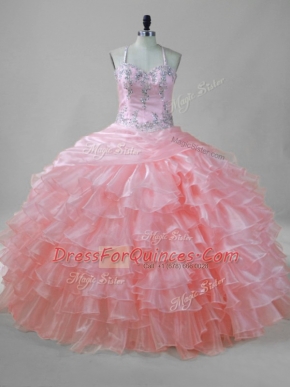 Floor Length Ball Gowns Sleeveless Pink Vestidos de Quinceanera Lace Up
