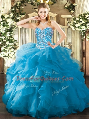 Admirable Floor Length Ball Gowns Sleeveless Aqua Blue Quince Ball Gowns Lace Up