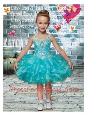 Short Beading and Ruffles Lace-up Little Girl Dress with Halter