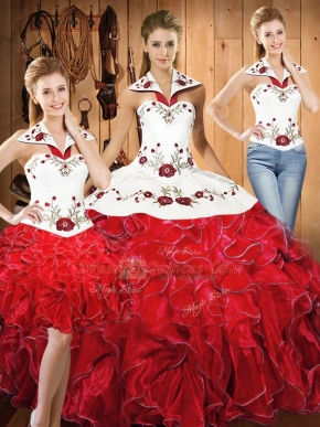 Graceful Sleeveless Floor Length Embroidery and Ruffles Lace Up Sweet 16 Dress with White And Red