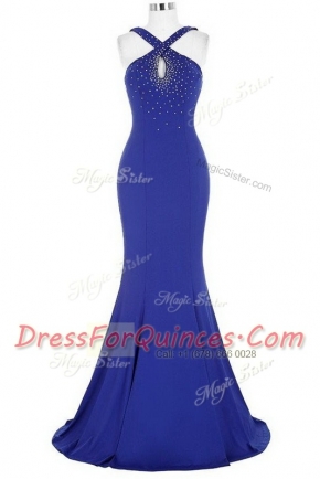 Mermaid Elastic Woven Satin Halter Top Sleeveless Brush Train Zipper Beading Prom Gown in Royal Blue