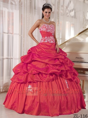 New Styles In Red Ball Gown Sweetheart With Taffeta Appliques and Ruching Quinceanera Dress