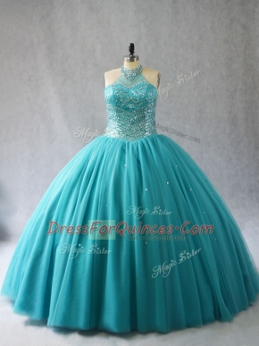 Aqua Blue Halter Top Neckline Beading 15th Birthday Dress Sleeveless Lace Up