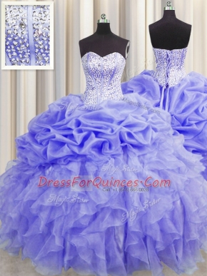 Fashion Visible Boning Floor Length Lace Up Ball Gown Prom Dress Lavender for Military Ball and Sweet 16 and Quinceanera with Beading and Ruffles and Pick Ups