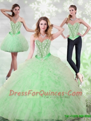 2015 Fashionable Beading and Ruffles Sweetheart Quinceanera Gown in Apple Green
