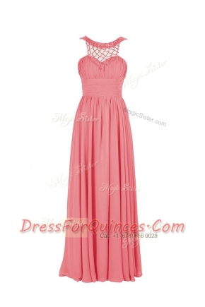 Delicate Watermelon Red Scoop Neckline Beading Prom Evening Gown Sleeveless Zipper
