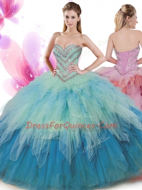 Sleeveless Floor Length Beading and Ruffles Lace Up Quinceanera Gown with Multi-color