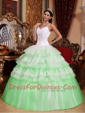 Green Ball Gown Spaghetti Straps Quinceanera Dress with  Organza Lace Appliques