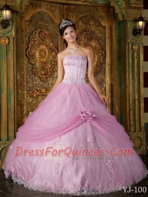 Pink Ball Gown Strapless 15th Birthday Dresses Appliques Tulle
