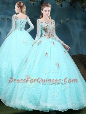 Dazzling Scoop Long Sleeves Floor Length Appliques Lace Up Sweet 16 Dresses with Apple Green