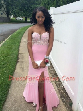 Fabulous Backless Floor Length Rose Pink Chiffon Sleeveless Beading