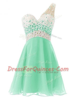 Delicate One Shoulder Sleeveless Dress for Prom Knee Length Beading Apple Green Chiffon