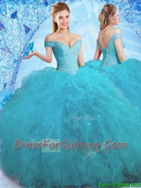 Cheap Beaded Off the Shoulder Teal Quinceanera Dress in Tulle