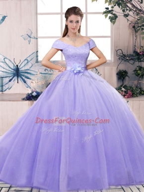 Luxurious Floor Length Lavender Ball Gown Prom Dress Tulle Short Sleeves Lace and Hand Made Flower