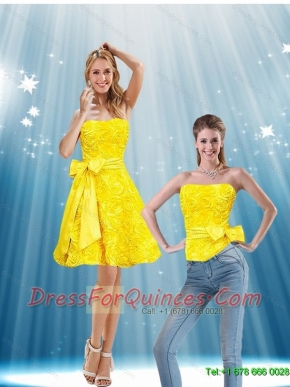 Detachable Sweet Strapless Yellow 2015 Prom Dress with Bowknot and Rolling Flowers