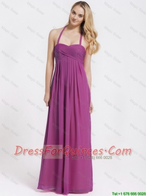 2016 Exquisite Halter Top Fuchsia Prom Dresses with Ruching