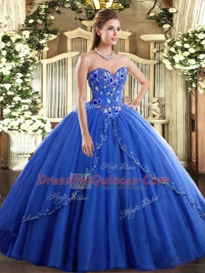 Ideal Blue Ball Gowns Tulle Sweetheart Sleeveless Appliques and Embroidery Lace Up Vestidos de Quinceanera Brush Train