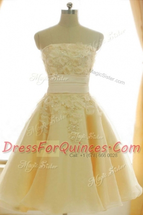 Dynamic Yellow A-line Appliques and Hand Made Flower Prom Dresses Zipper Satin and Chiffon Sleeveless Knee Length