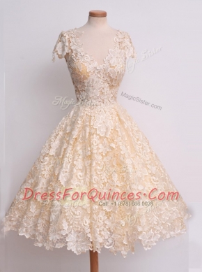 V-neck Cap Sleeves Zipper Homecoming Dress Peach Lace