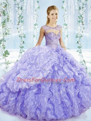 Charming Lavender Ball Gowns Sweetheart Sleeveless Organza Brush Train Lace Up Beading and Ruffles and Pick Ups Ball Gown Prom Dress
