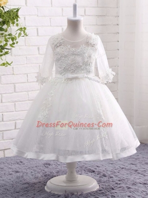 Custom Designed White Lace Zipper Flower Girl Dress Short Sleeves Tea Length Lace and Appliques